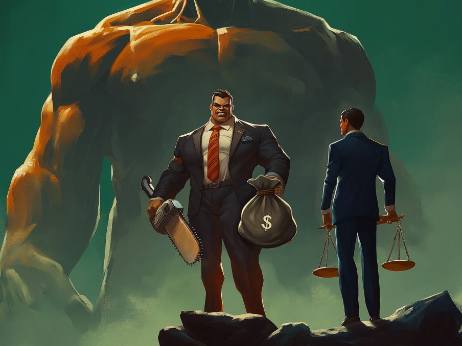 Illustration of a giant businessman with a chainsaw and a money bag, facing a smaller man holding the scales of justice.