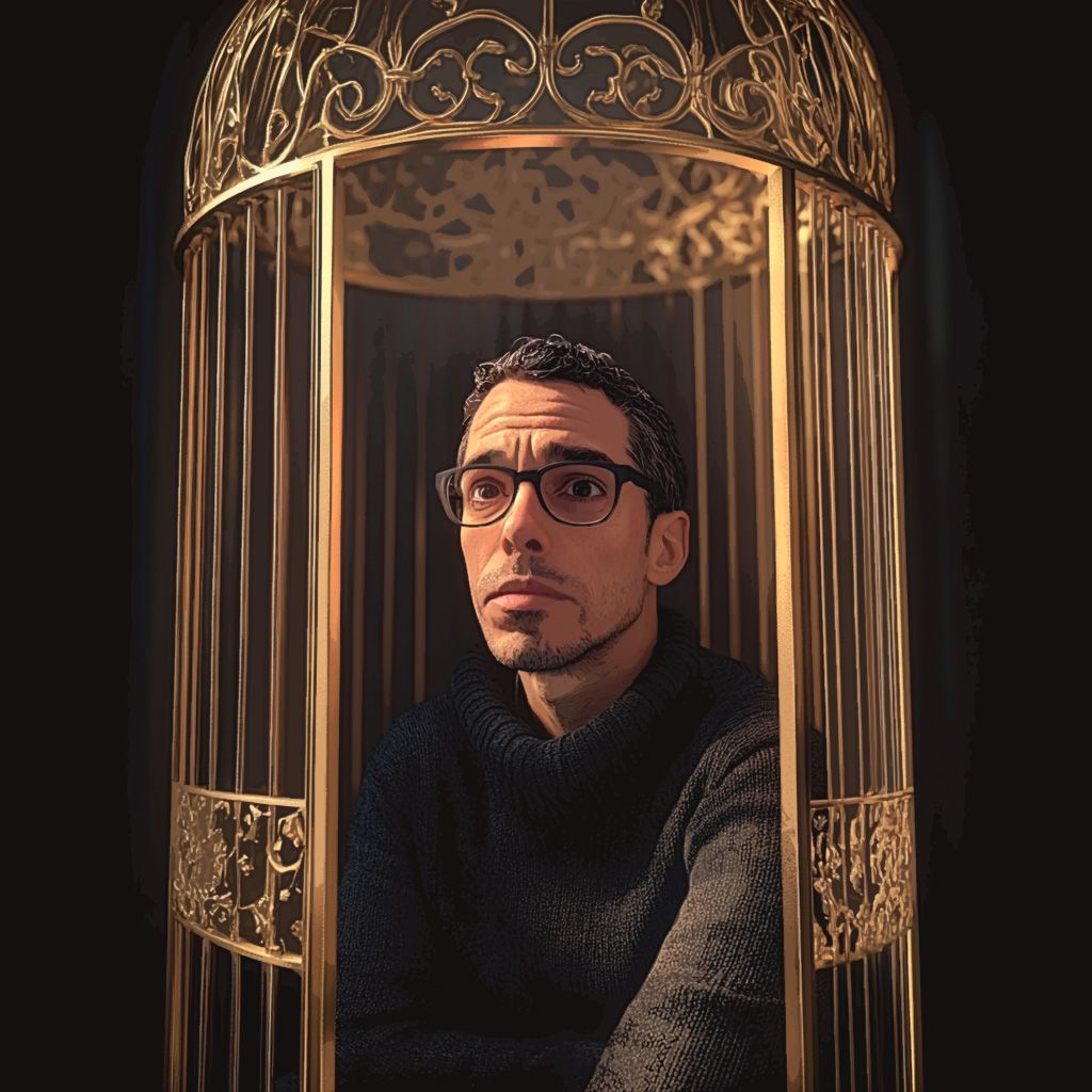 Illustration of a man sitting inside a golden birdcage.